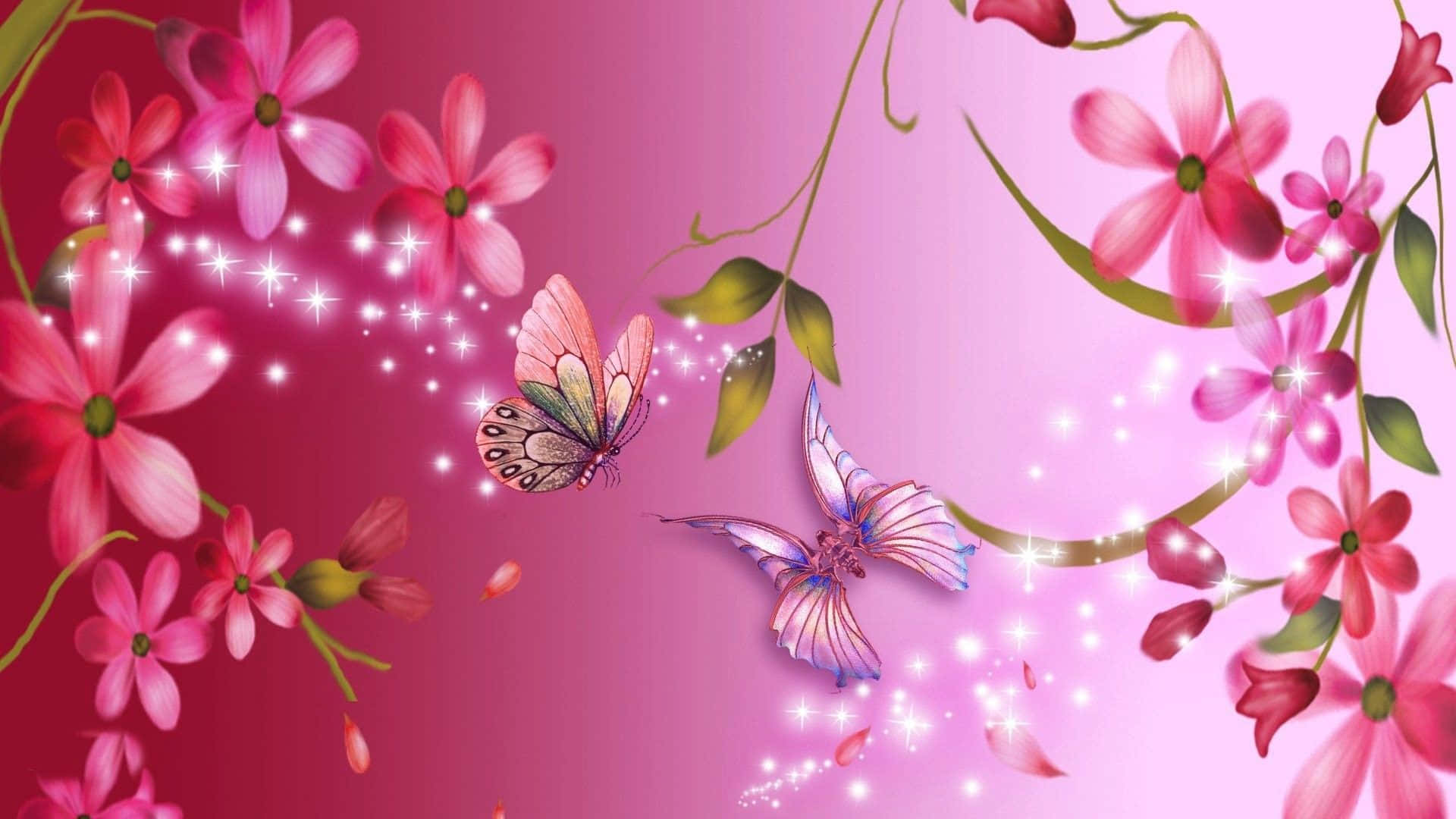 Pink Flowers With Butterflies And Leaves