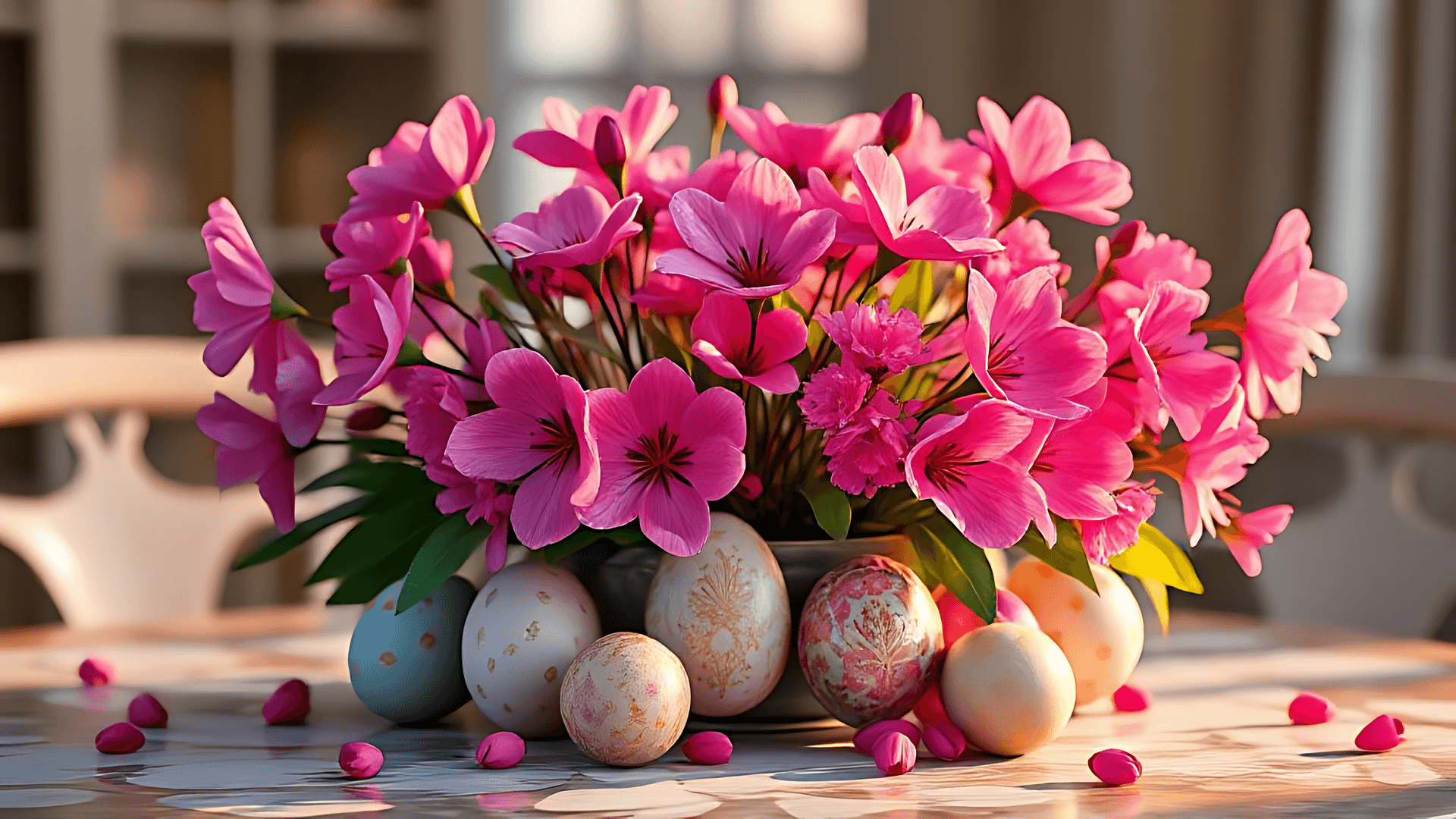 Pink Floral Bouquet With Decorative Eggs Wallpaper