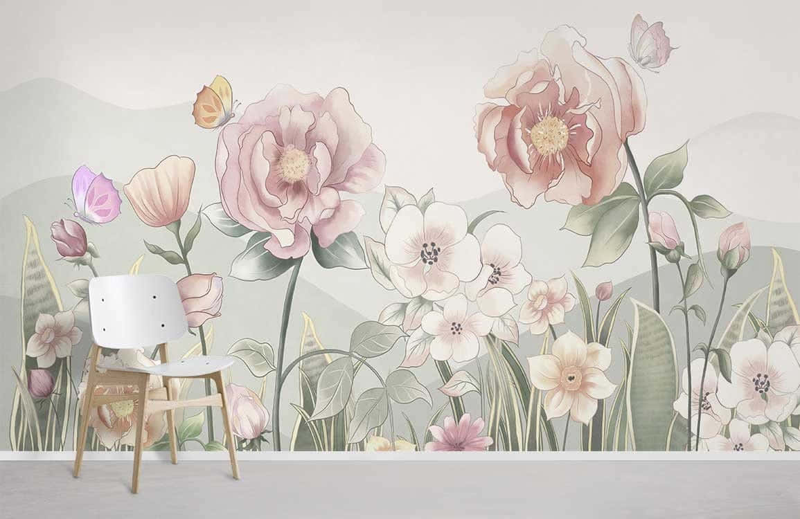 En lyserød og hvid blomstret vægmosaik i et rum Wallpaper