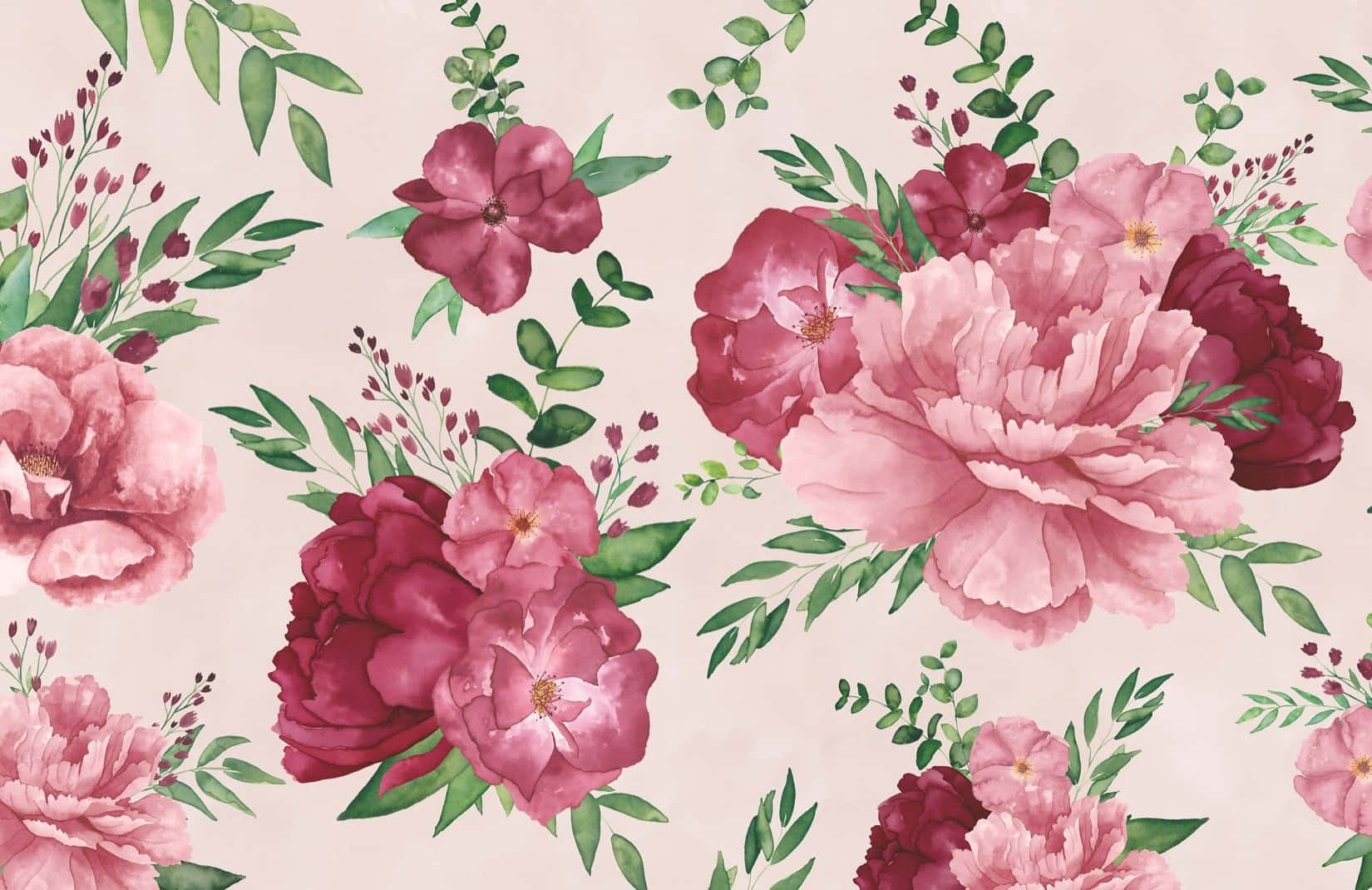 Pink Floral Pattern With Leaves And Flowers Wallpaper