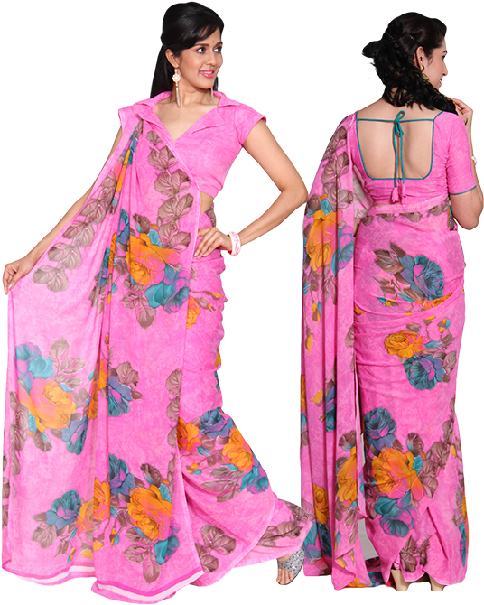 Pink Floral Saree Model Pose PNG