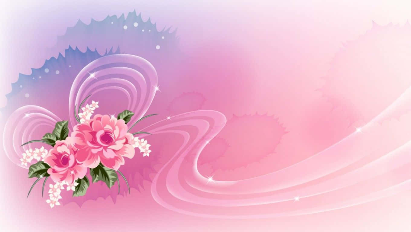 A Pink Background With Flowers And Waves