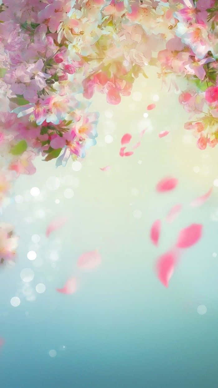 En pink blomst med løv svævende i luften Wallpaper