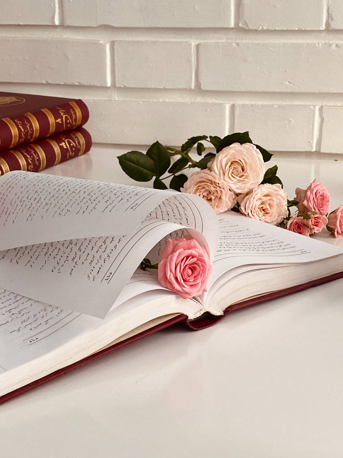Estéticade Flores Rosas Con Un Libro. Fondo de pantalla