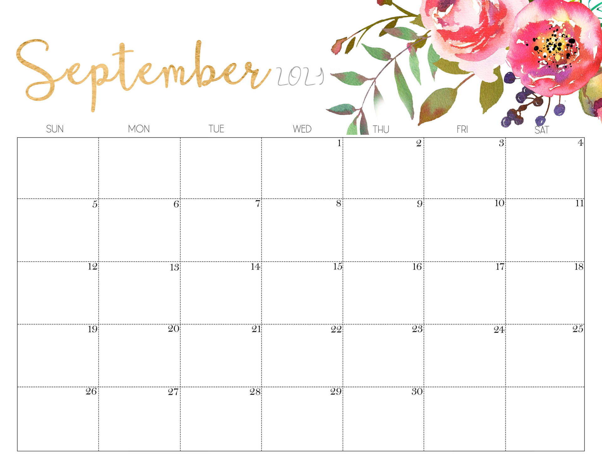 Pink Flowers September Calendar 2021