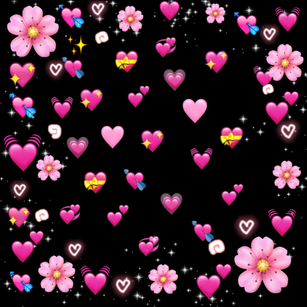 Pink Flowersand Hearts Pattern PNG