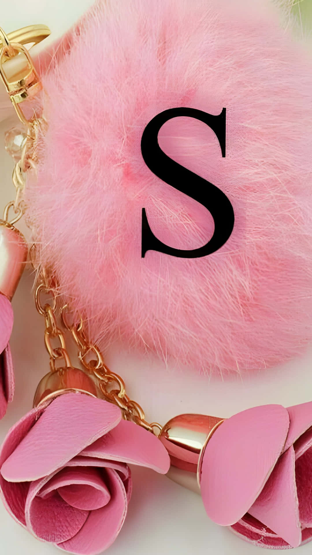 Pink_ Fluffy_ Pom Pom_ Keychain_with_ Letter_ S Wallpaper