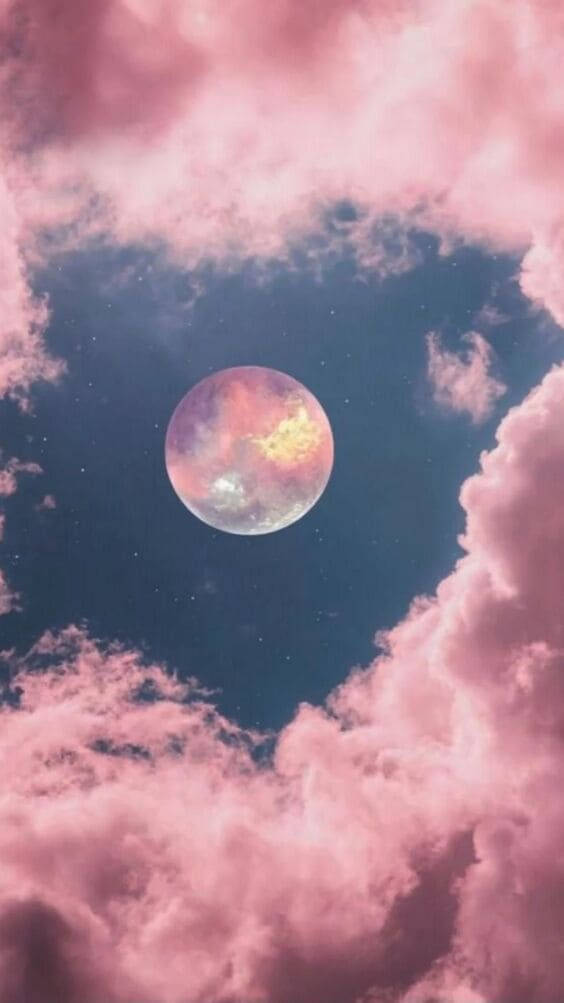 Estéticade Nubes Rosadas De Luna Llena. Fondo de pantalla