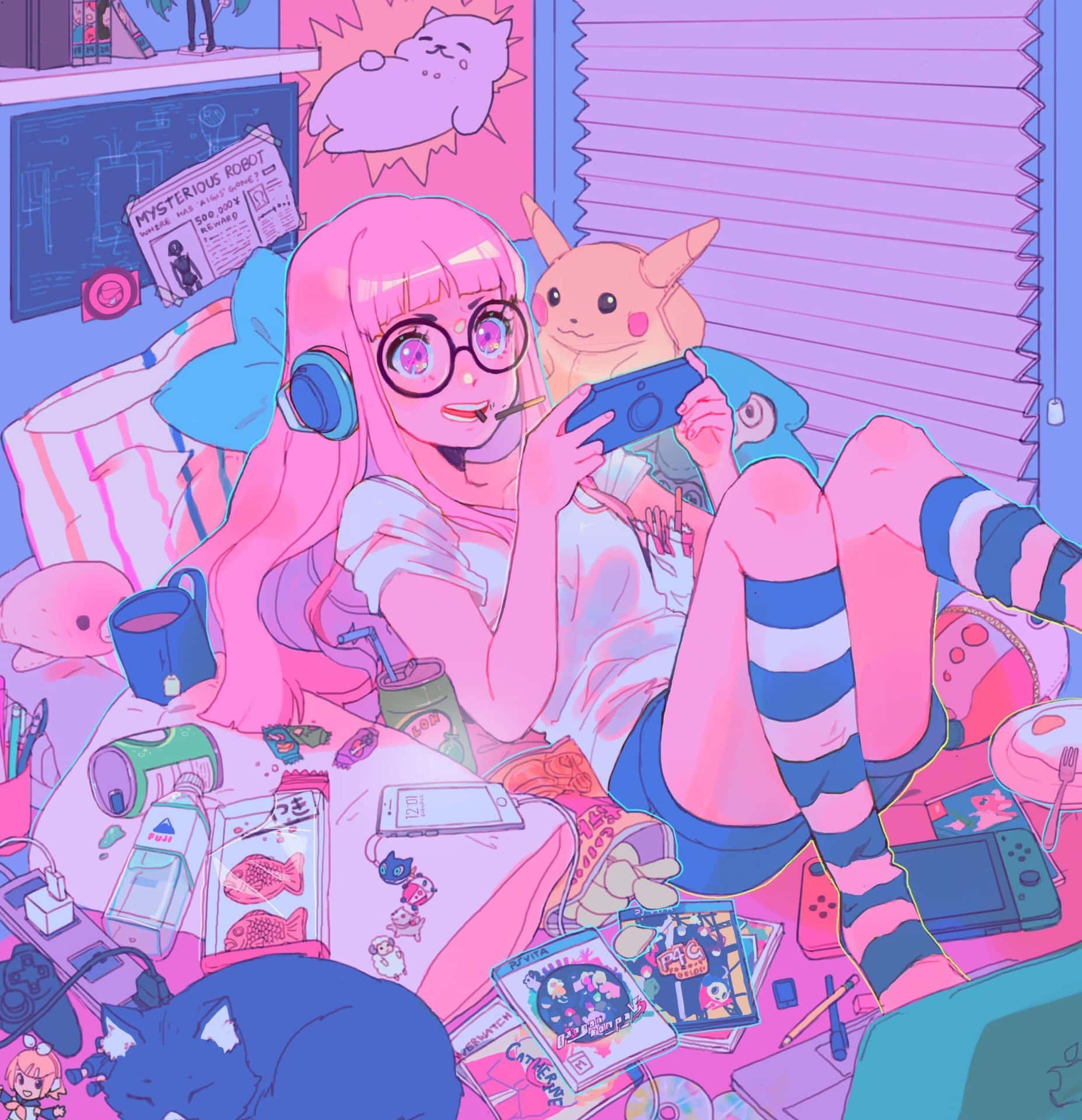 Pink Gamer Girl Aestheticwith Pikachu Wallpaper