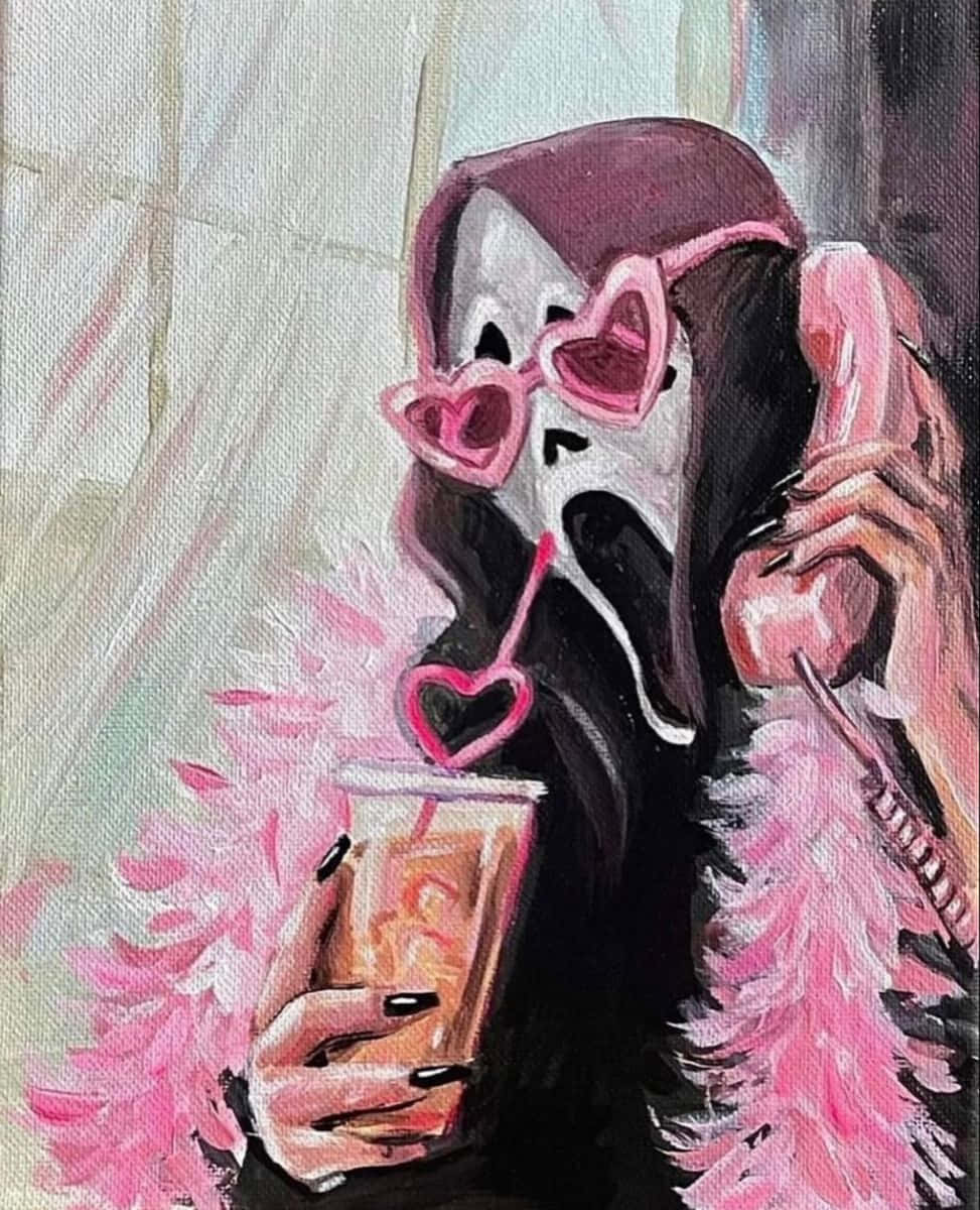 Pink Ghostface Sipping Coffee Wallpaper