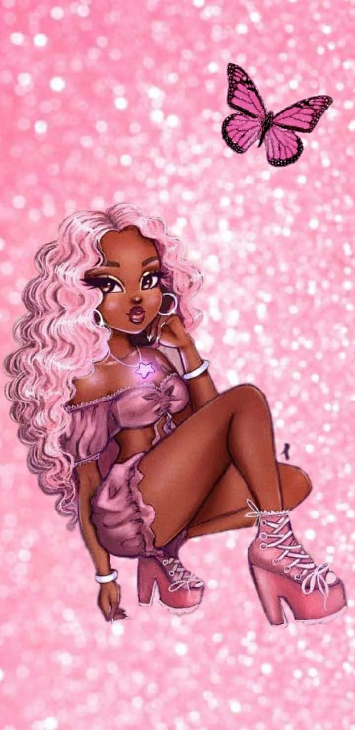 Pink Glitter Black Barbie Illustration Wallpaper