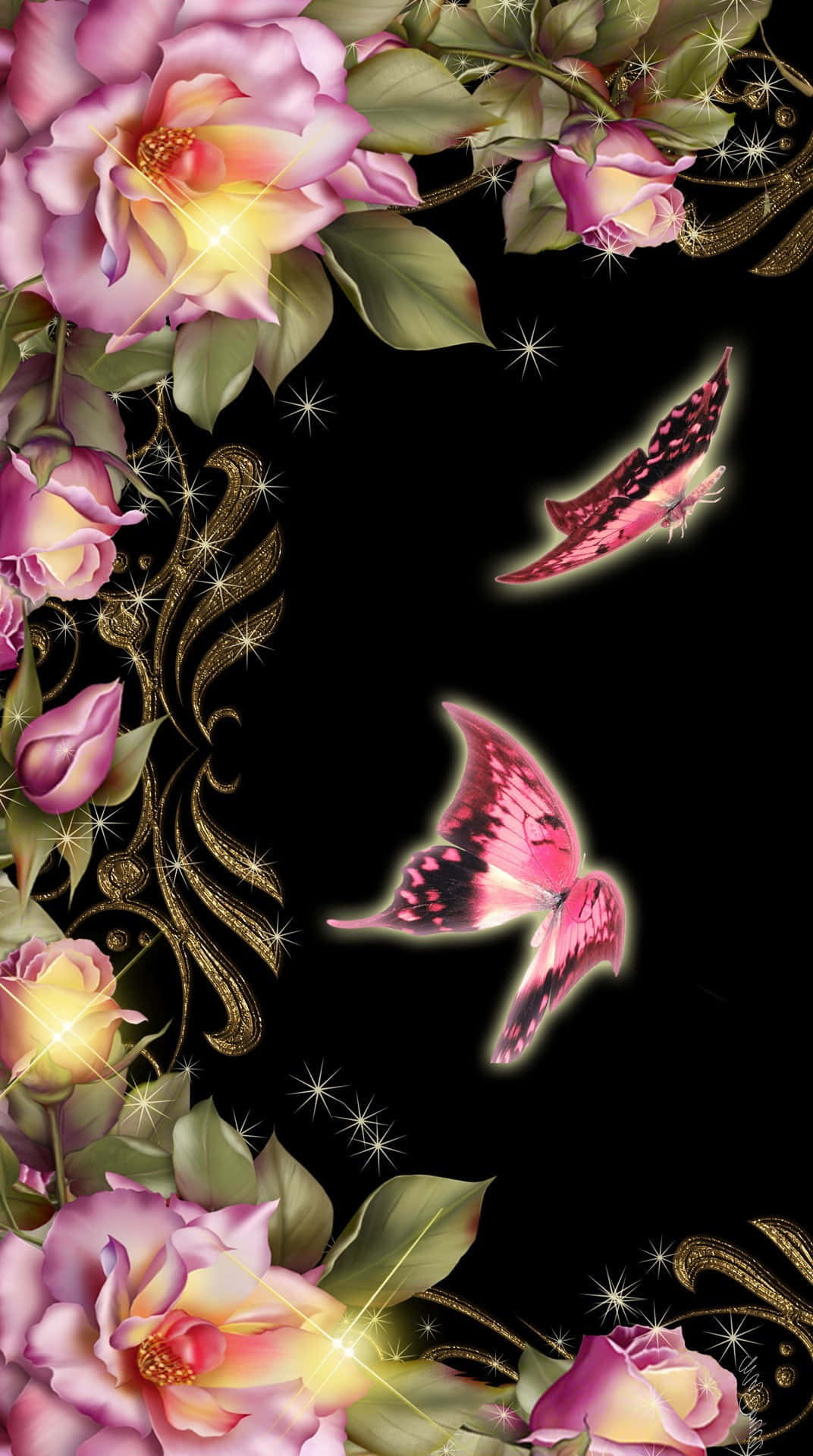 Pink glitter skinner i lyset, da en sart sommerfugl smukt svæver forbi. Wallpaper