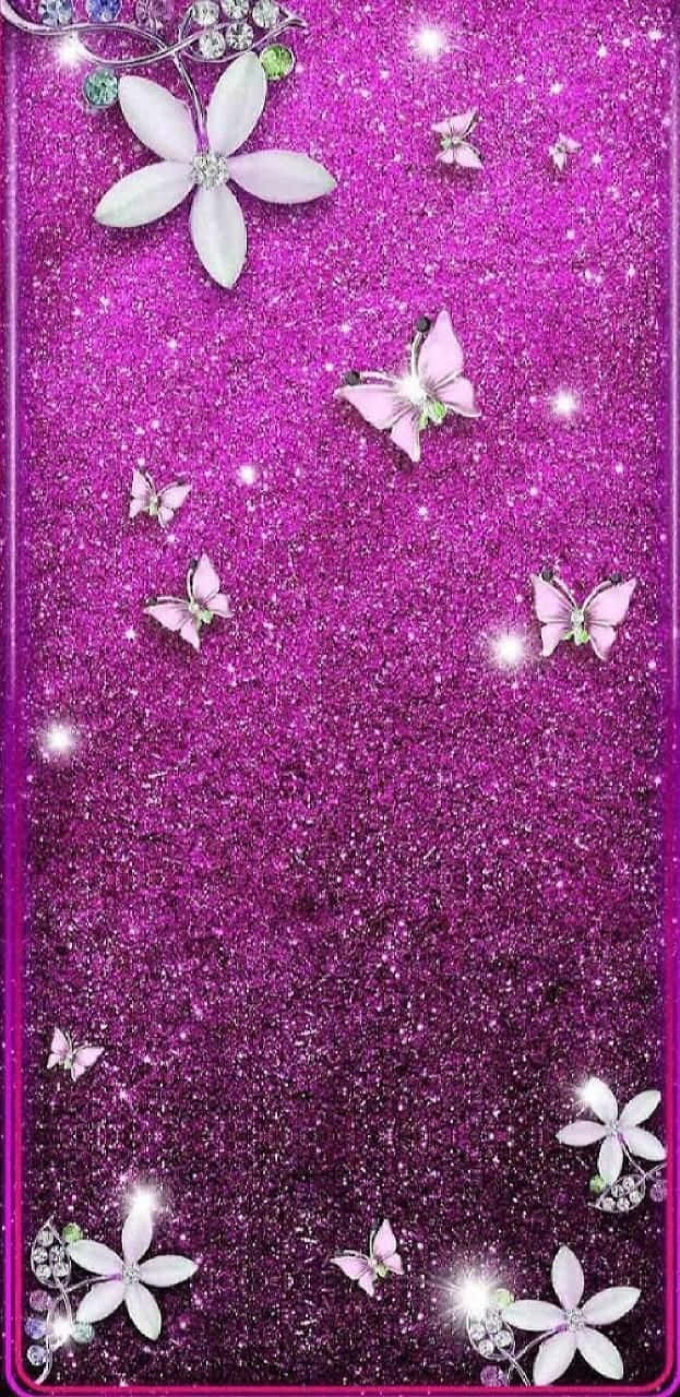 A sparkling pink butterfly flutters in the air. Wallpaper