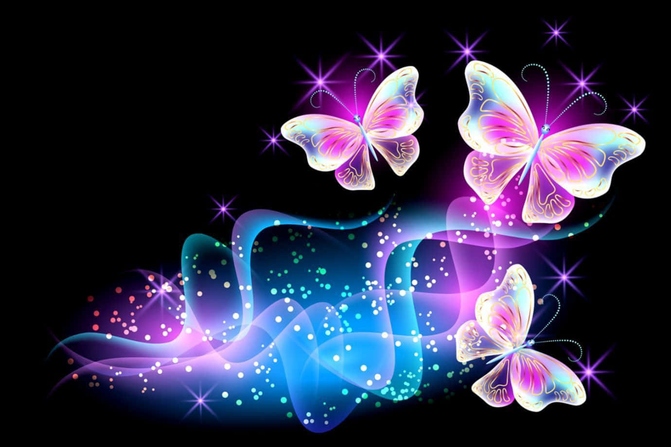 A magical pink glitter butterfly flutters through the air. Wallpaper