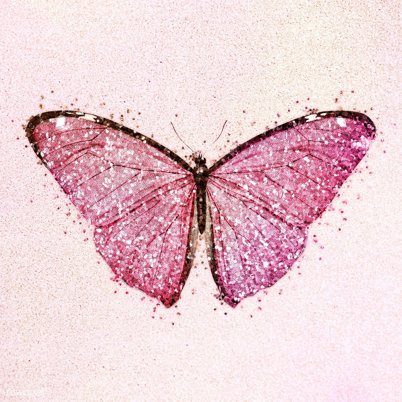 Sommerfuglen udsender et blødt pink glitrende skær på en akvarel baggrund. Wallpaper