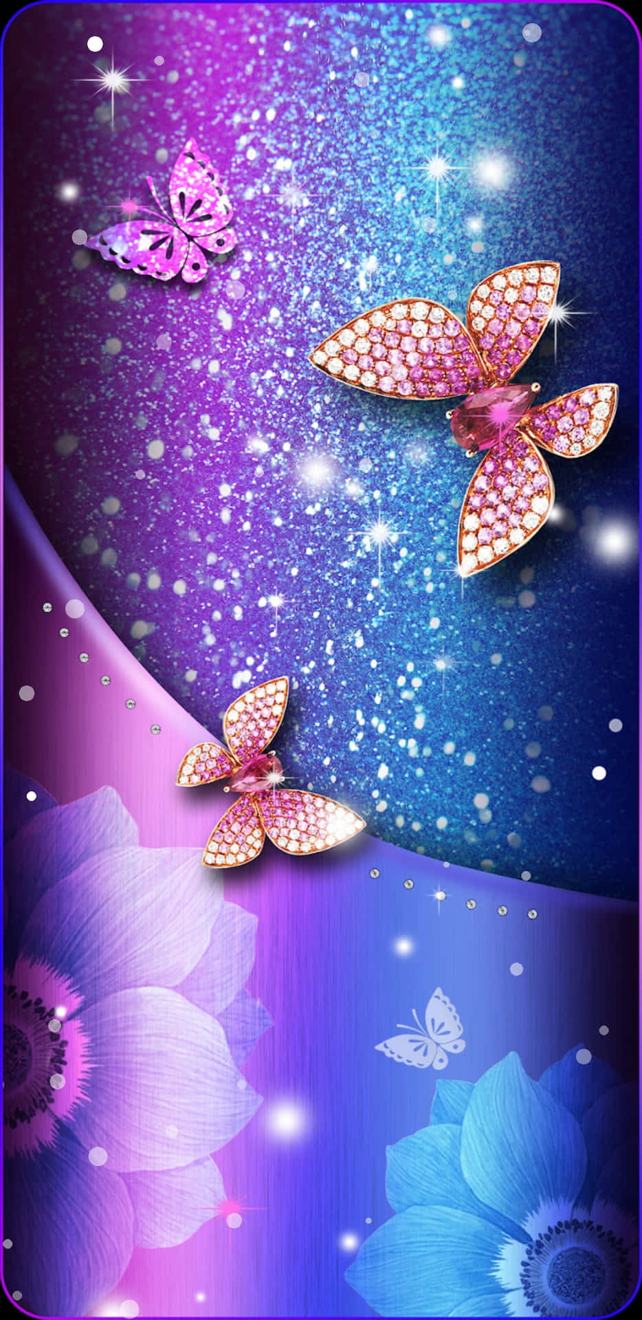 Einblauer Und Lila Hintergrund Mit Schmetterlingen Und Blumen. Wallpaper