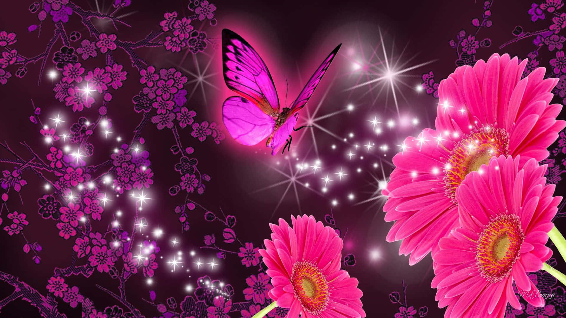 Mariposade Purpurina Rosa Con Flores. Fondo de pantalla