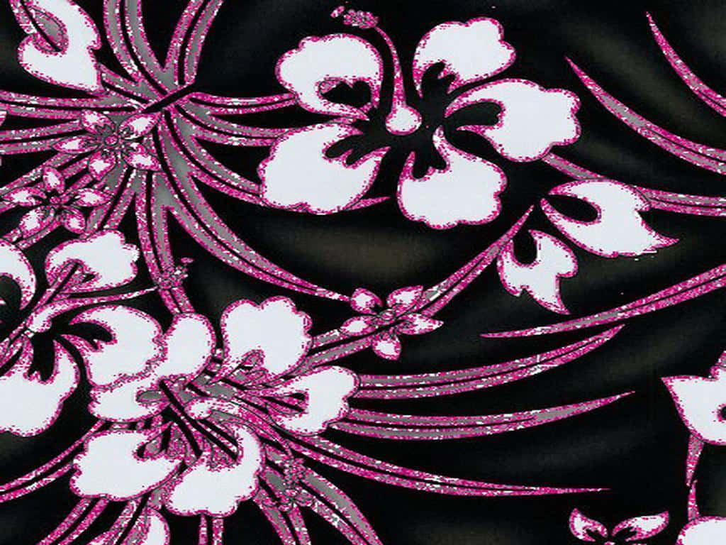 Pink Glitter Floral Patternon Black Fabric Wallpaper