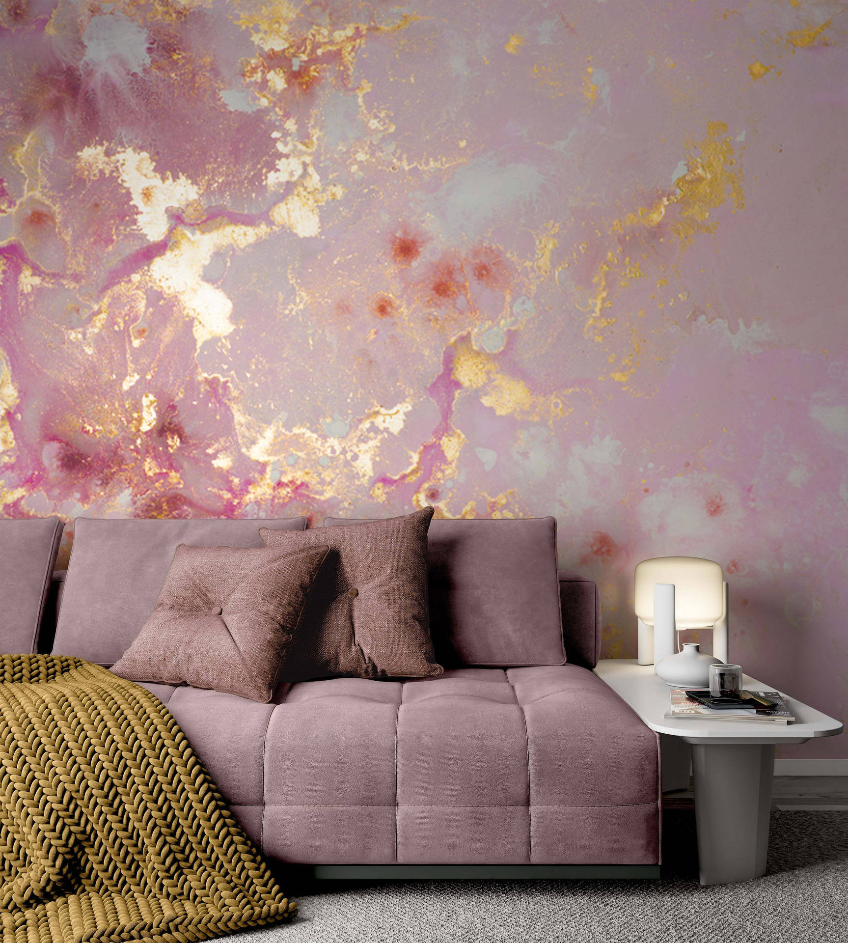 "Elegant Living Room with Pink Gold Marble Texture" Wallpaper
