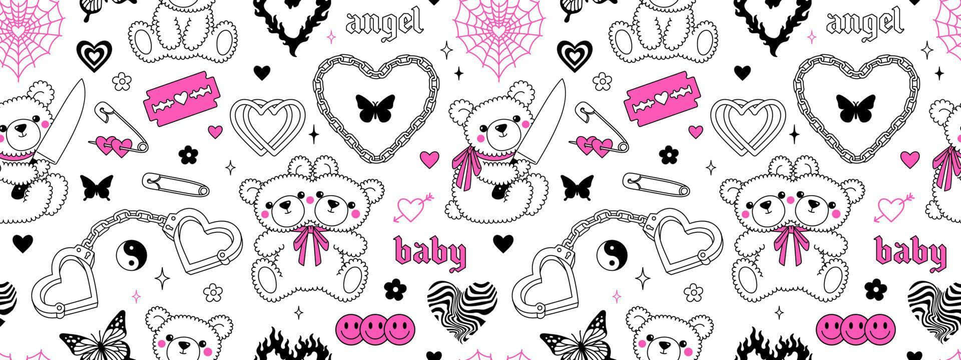 Pink Goth Teddy Pattern Wallpaper