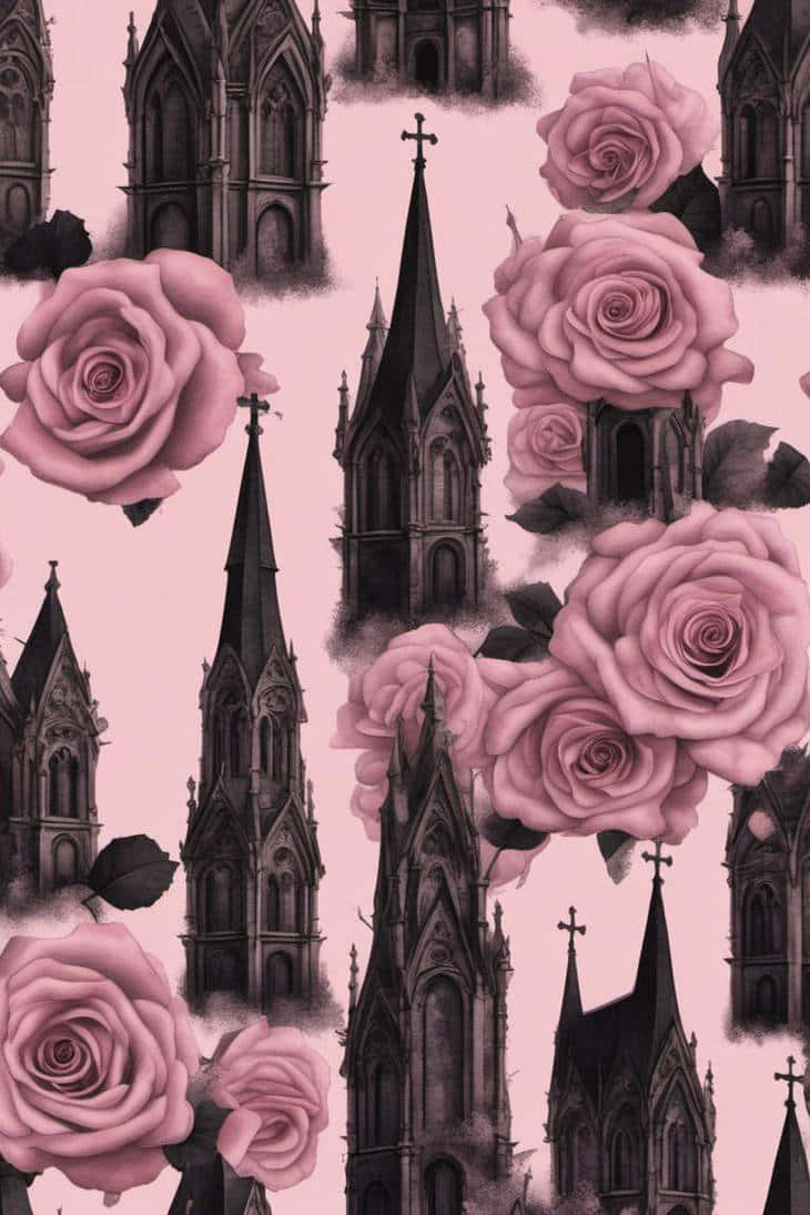 Pink Gothic Rosesand Cathedrals Pattern Wallpaper