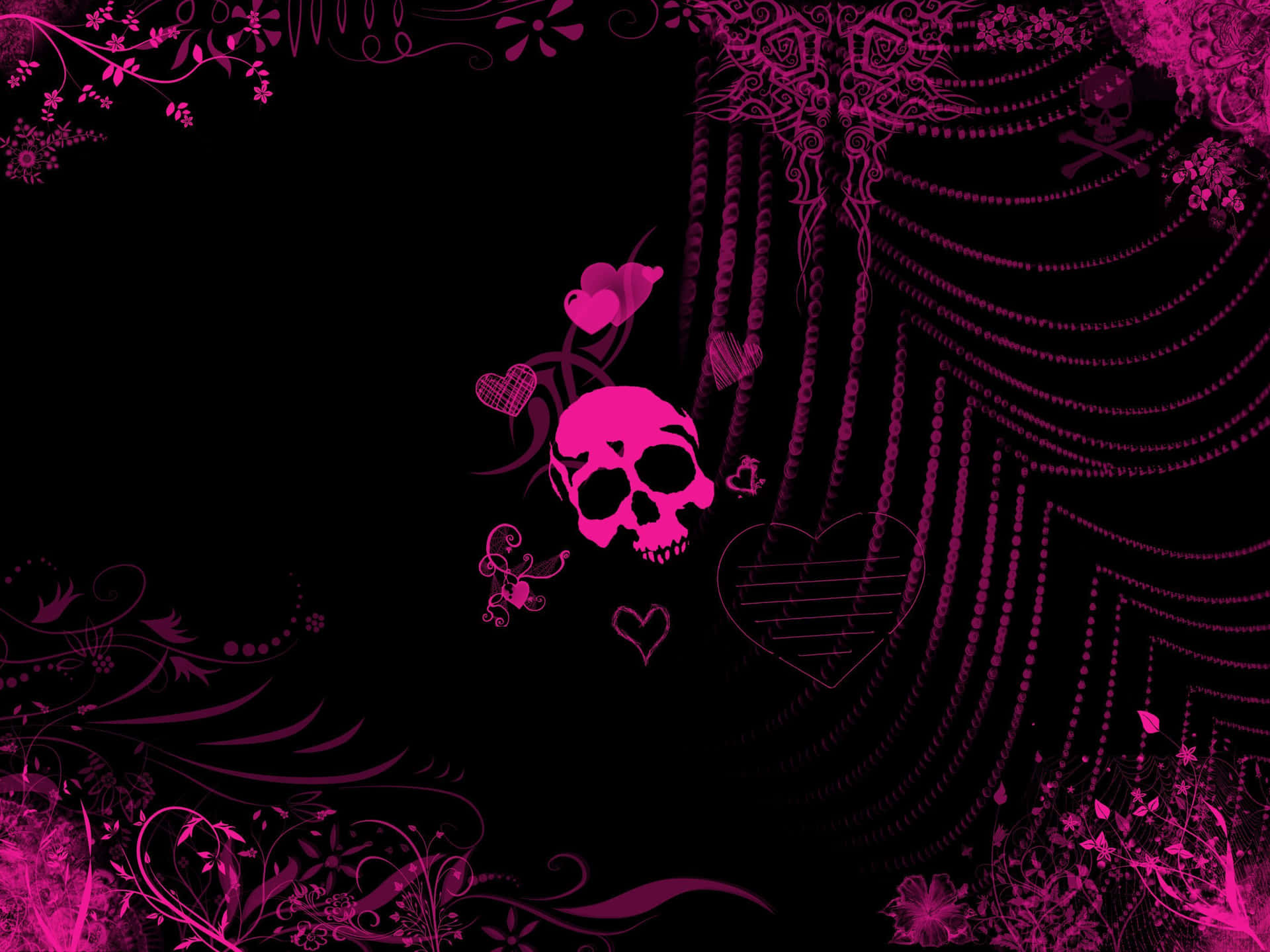 Pink Gothic Skulland Floral Design Wallpaper