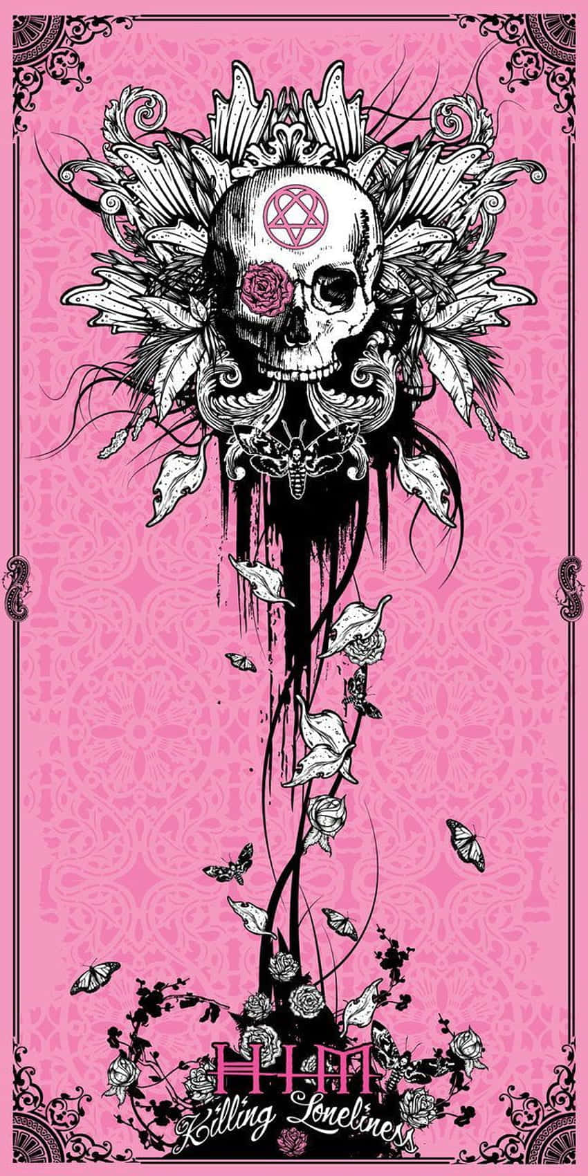 Pink Gothic Skulland Floral Design Wallpaper