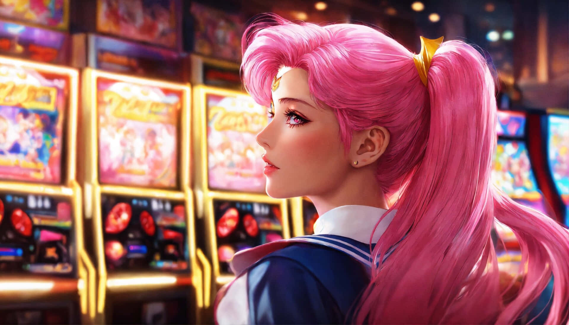 Pink Haired Anime Character Arcade Backdrop.jpg Wallpaper