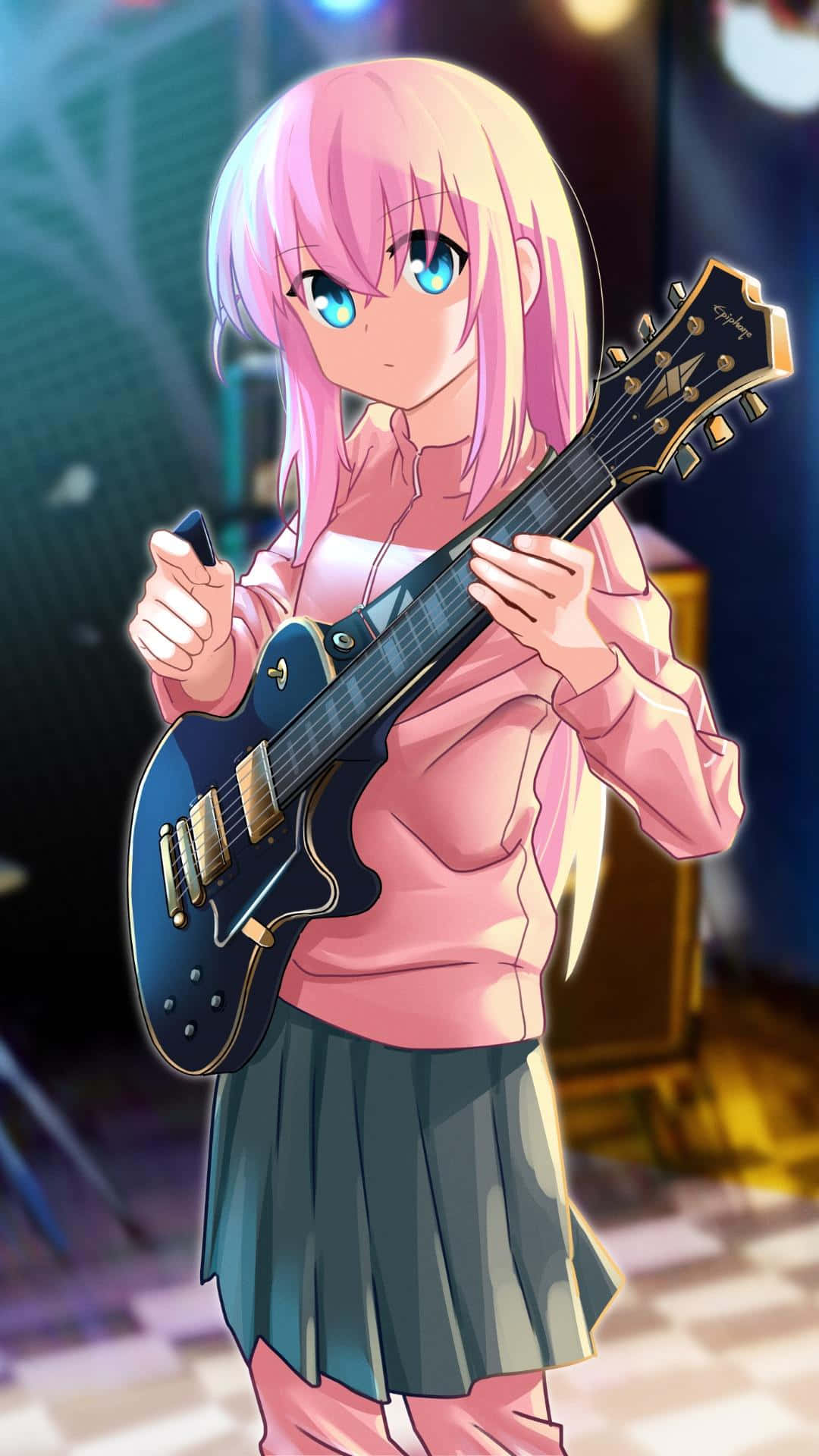 Pink Haired Anime Girl With Guitar Wallpaper