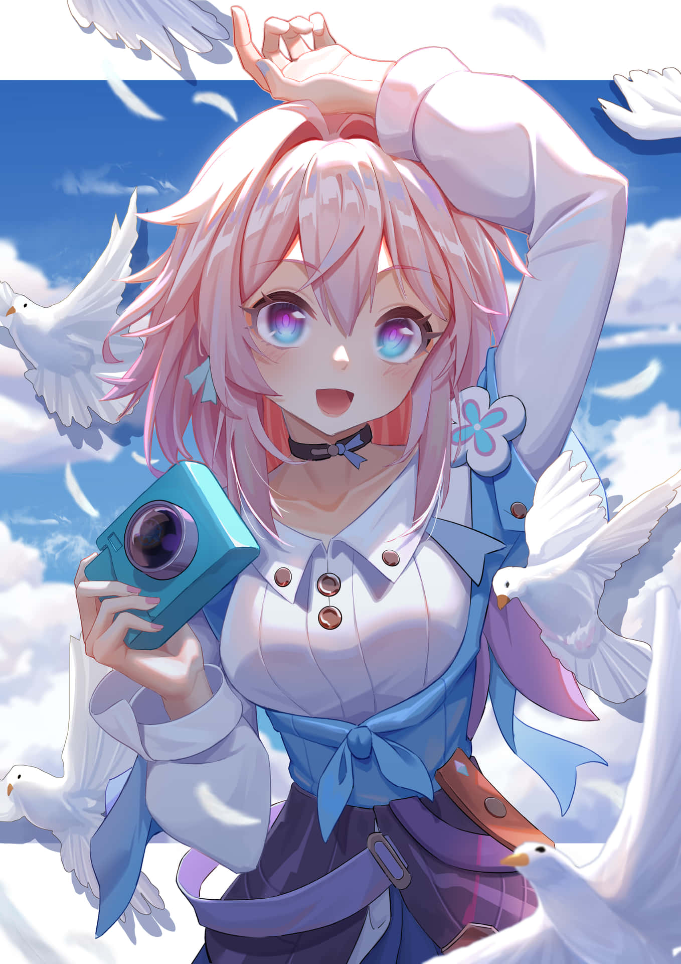 Pink Haired Anime Girlwith Cameraand Doves Wallpaper