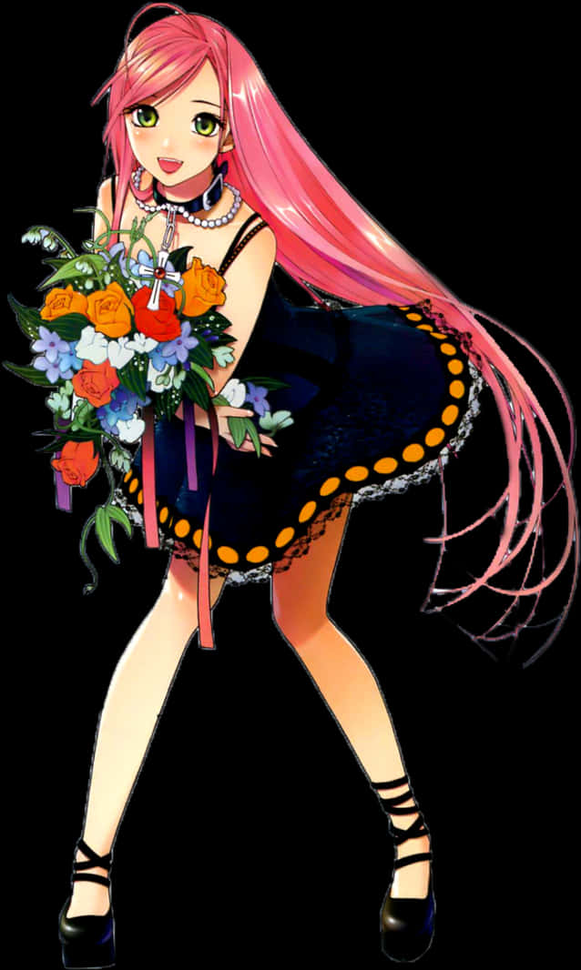 Pink Haired Anime Girlwith Flowers PNG