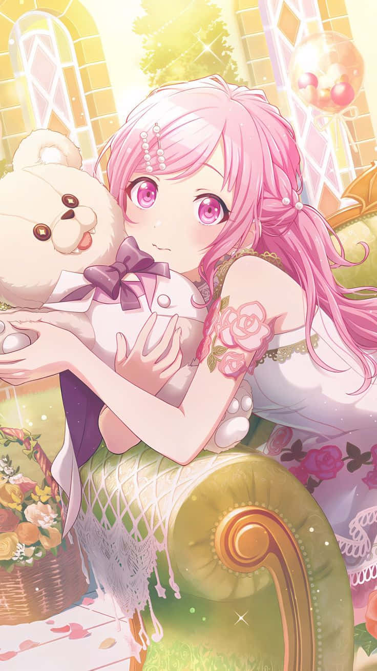 Pink Haired Anime Girlwith Teddy Bear Wallpaper