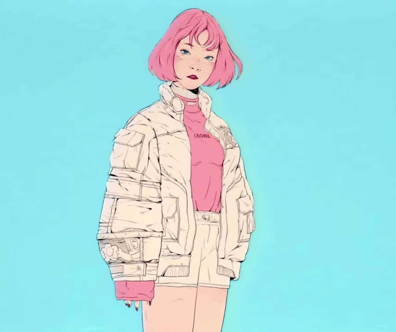 Mädchenmit Pinken Haaren Im Lofi-anime-stil. Wallpaper