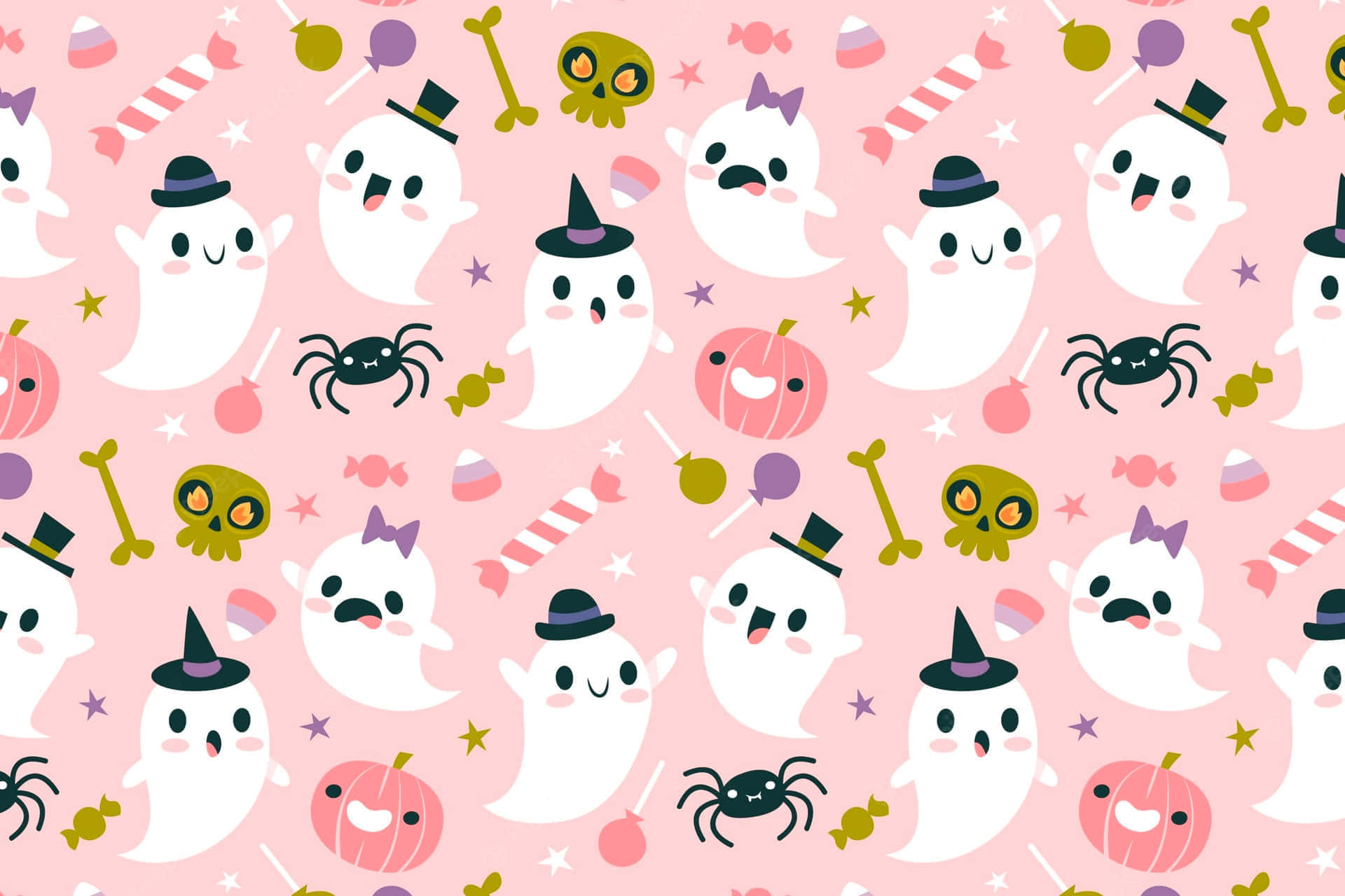 A Pink Background With Ghosts And Pumpkins