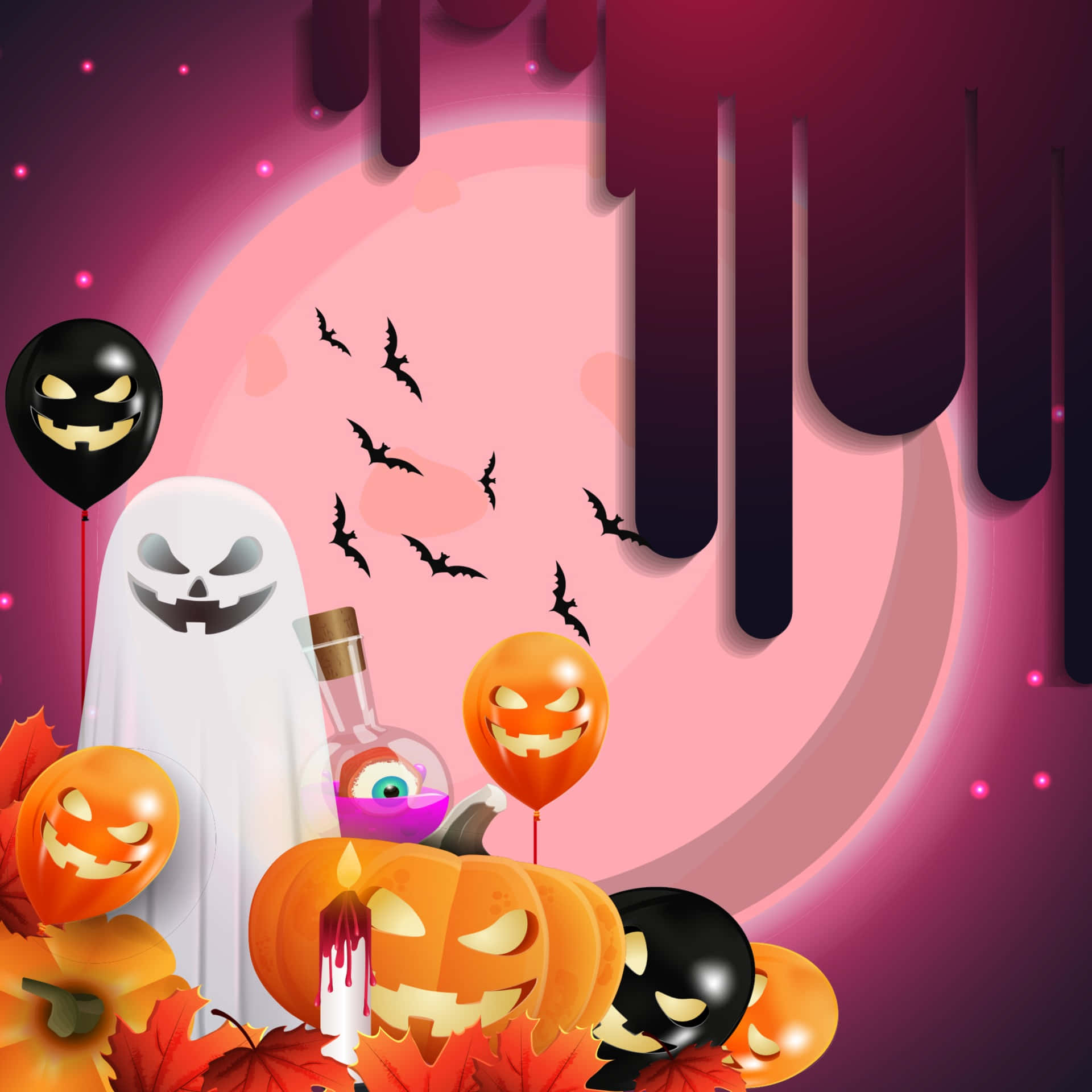 Halloween Background With Ghosts, Pumpkins And Balloons