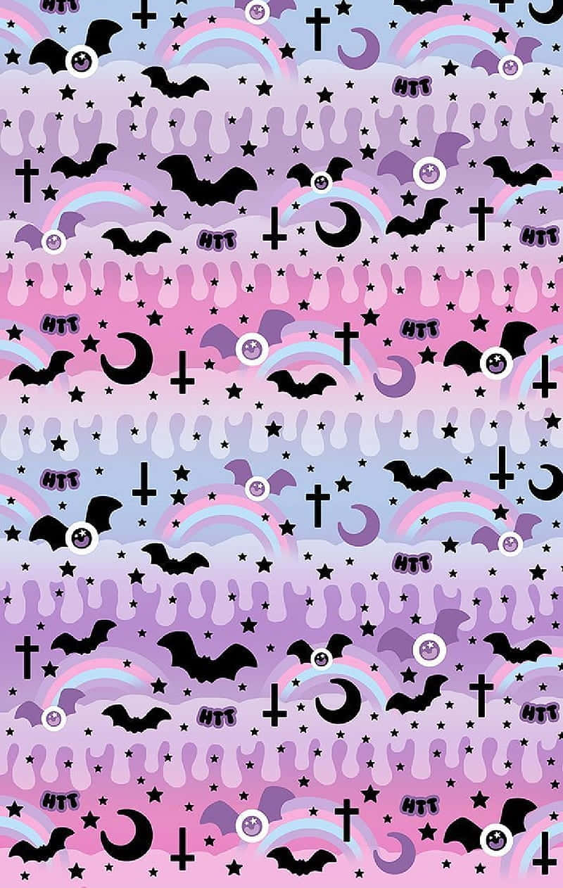 A Purple And Pink Striped Pattern With Bats And Stars