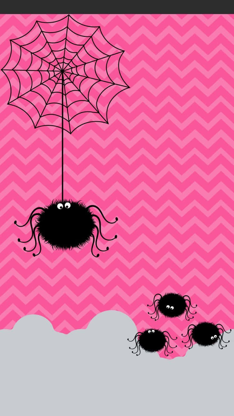 A Spider Web With Black Spiders On Pink Chevron Background