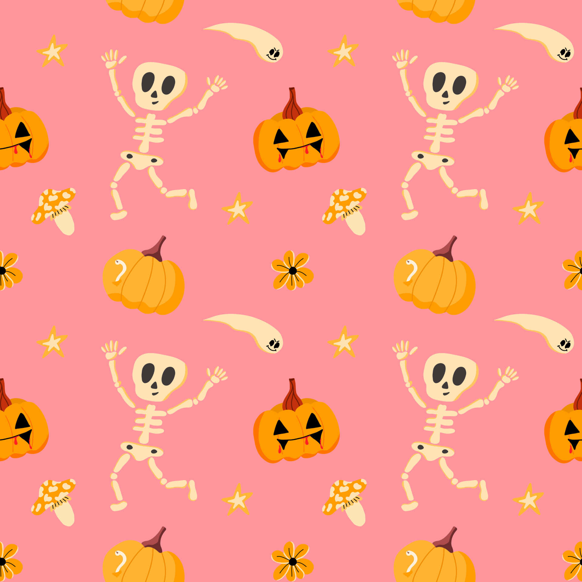 Skeletons And Pumpkins On A Pink Background