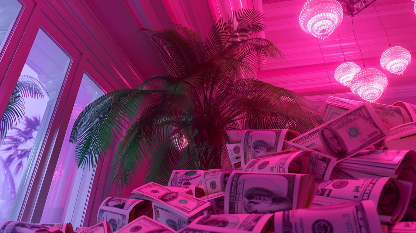 Pink Hued Moneyand Palm Interior Aesthetic.jpg Wallpaper