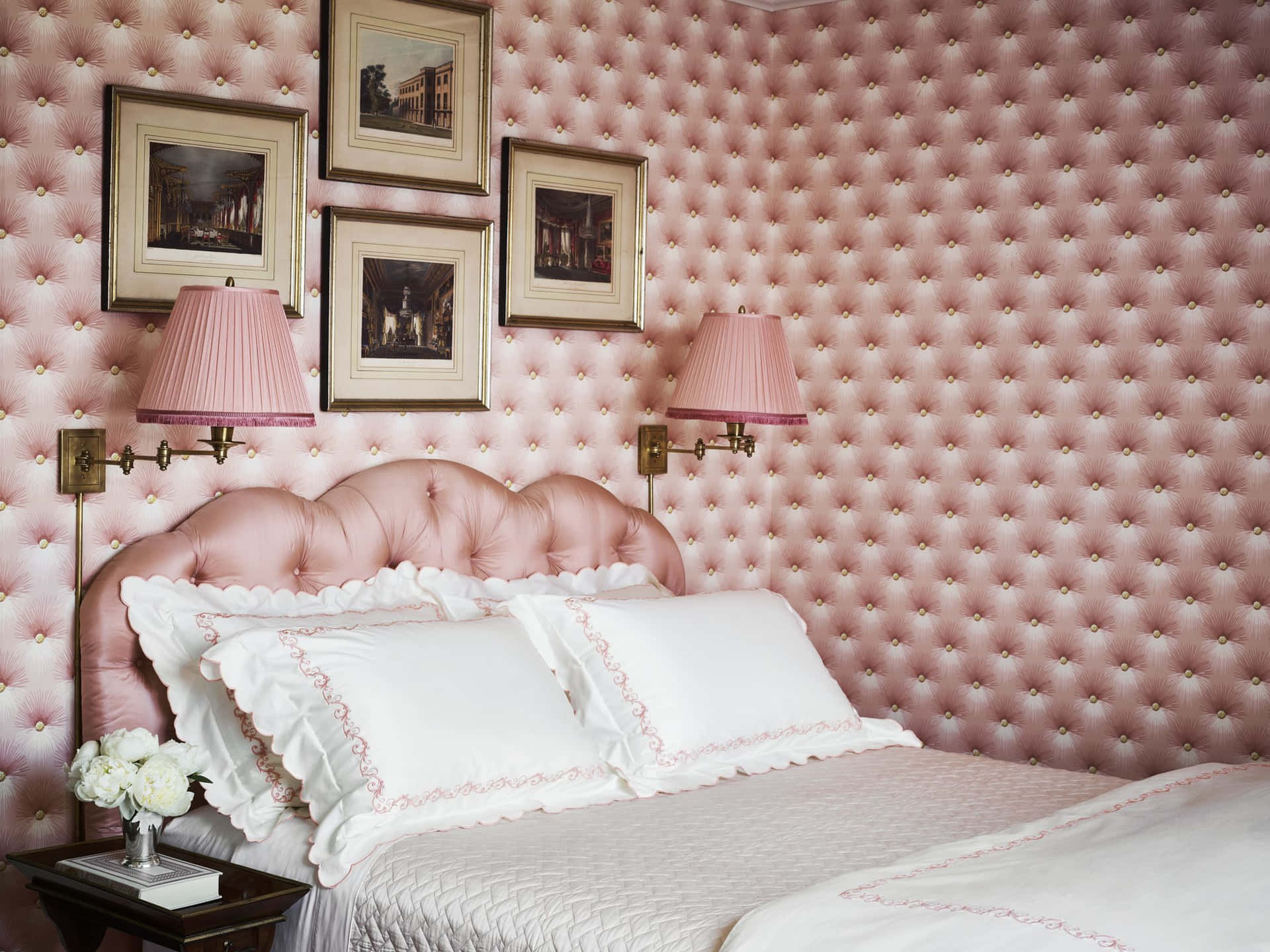 Pink Interior Mid-century Bed Wallpaper