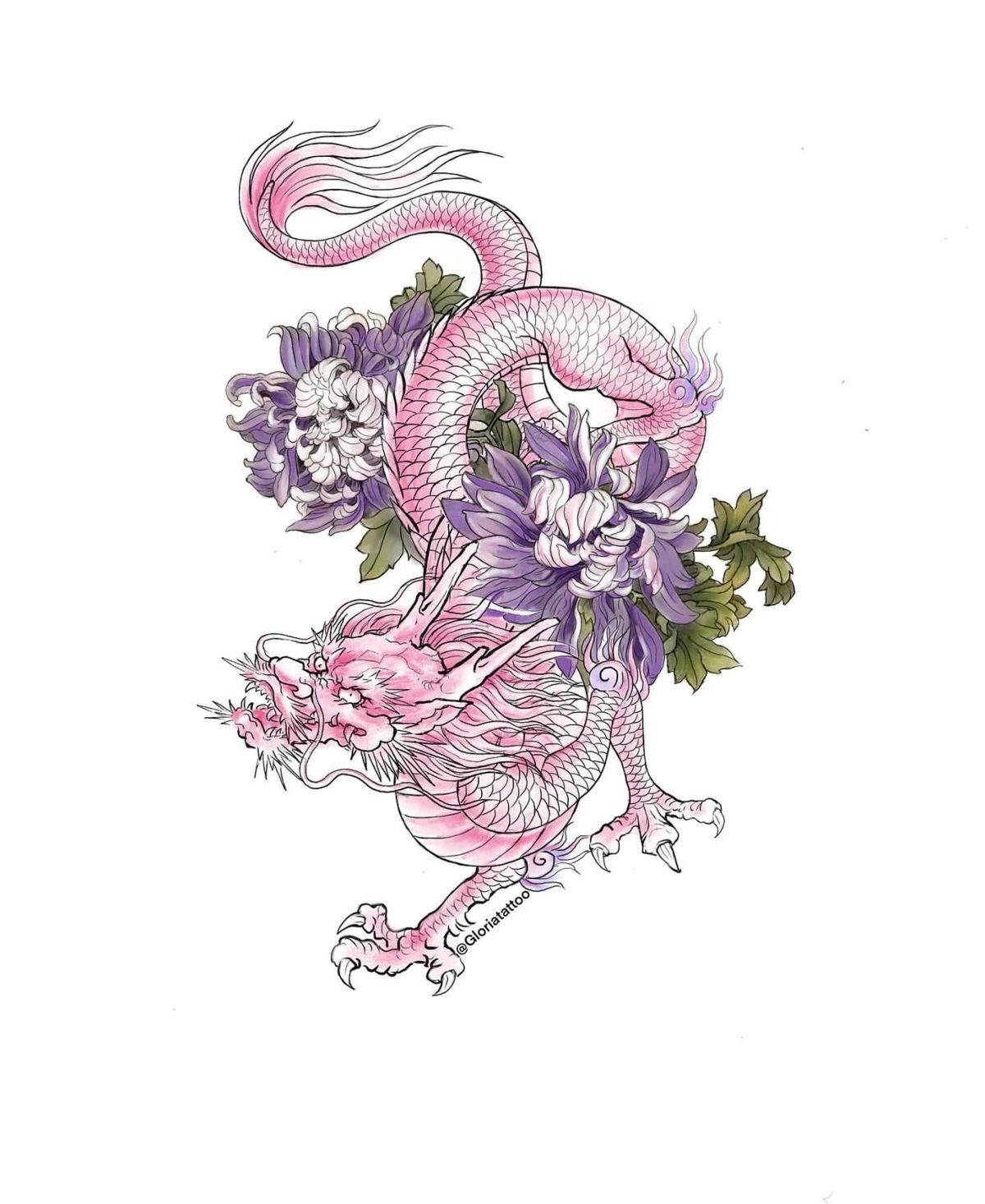 Rød japansk drage tatovering med blomst ornamenter Wallpaper