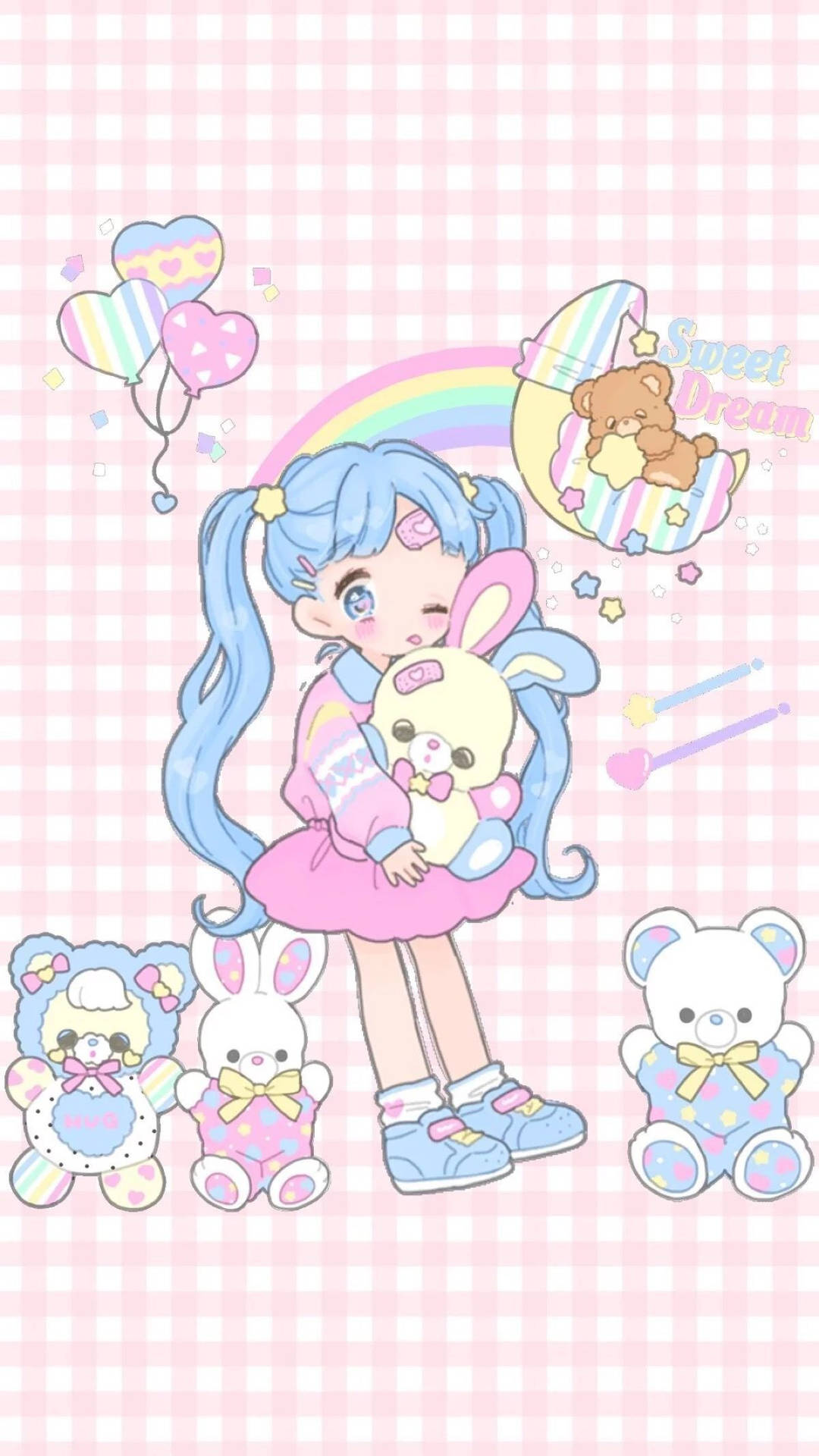 Pink Kawaii Girl Hugging A Stuffed Toy
