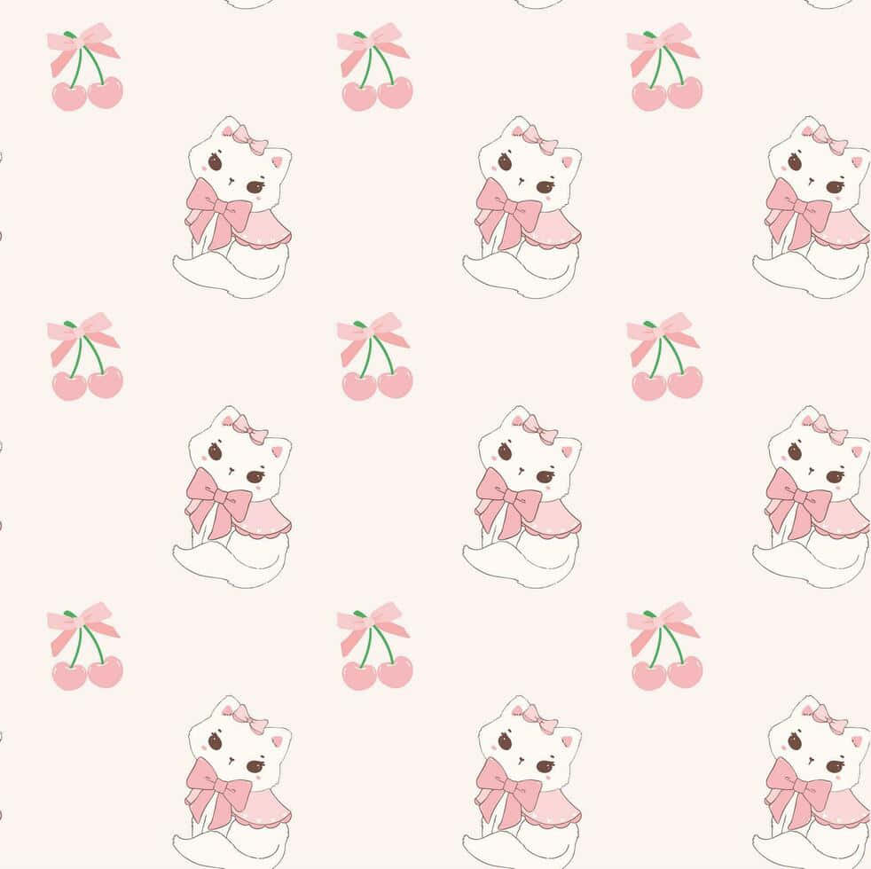 Pink Kitty Cherry Pattern Wallpaper