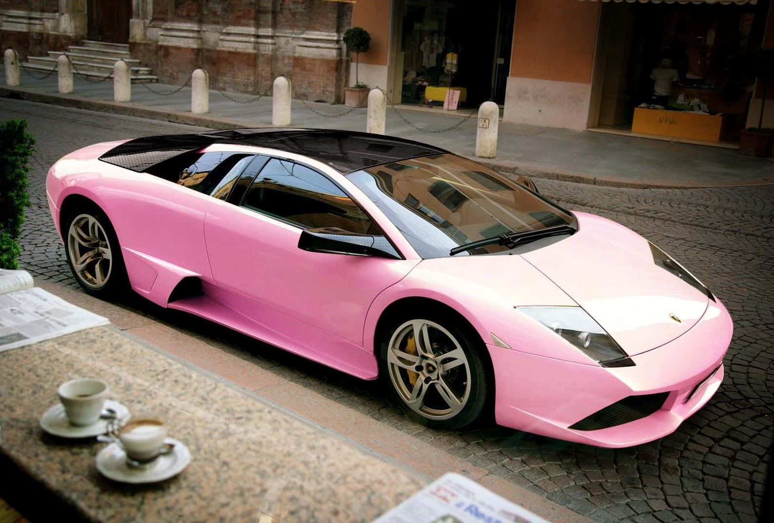 Pink Lamborghini Murcielago European Street Scene Wallpaper