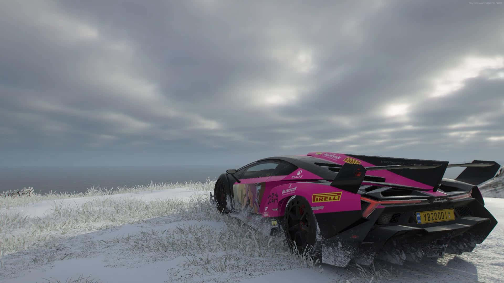 Pink Lamborghini Winter Scene Wallpaper