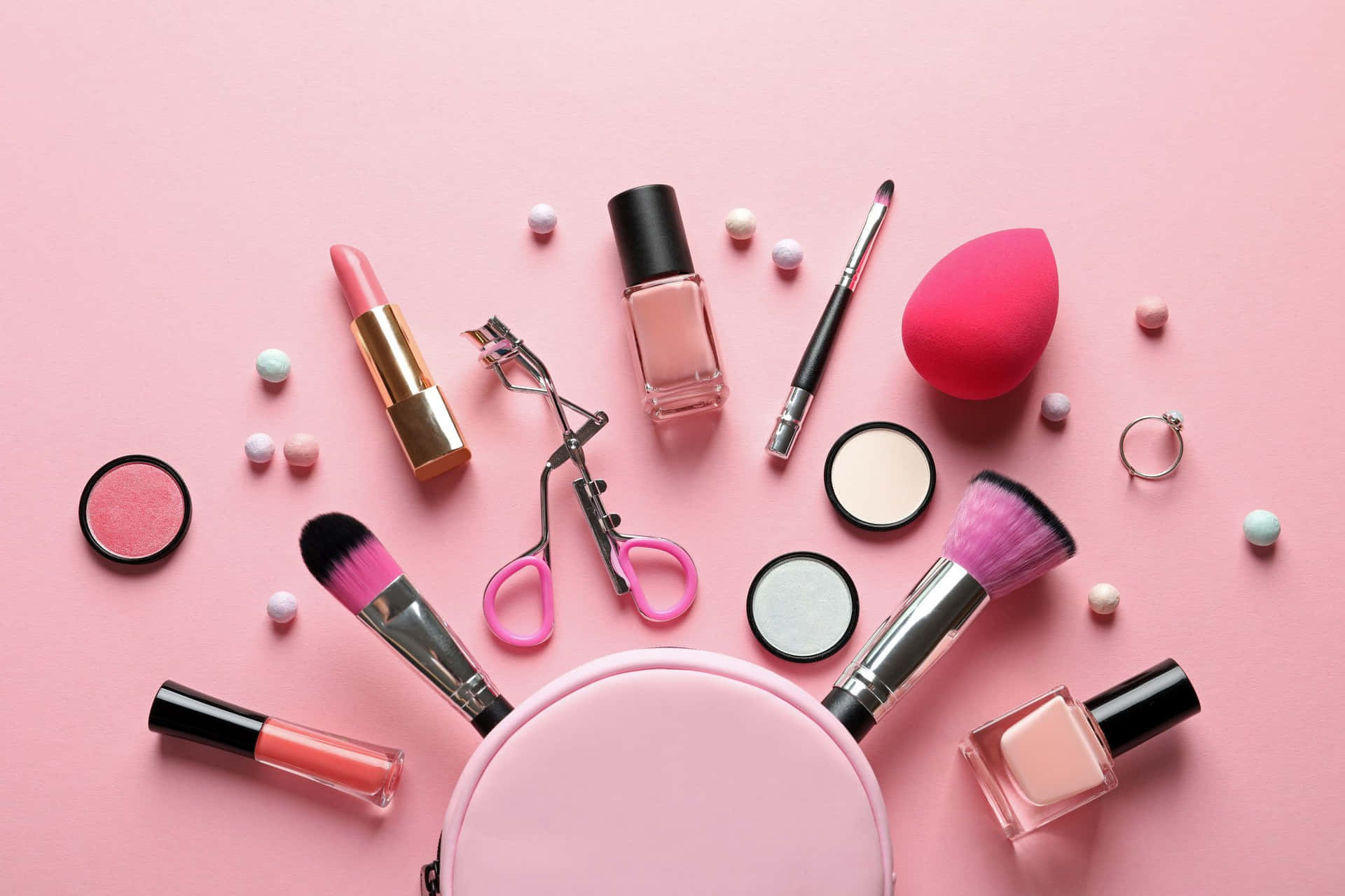 Pink Makeup Collection Flatlay Wallpaper