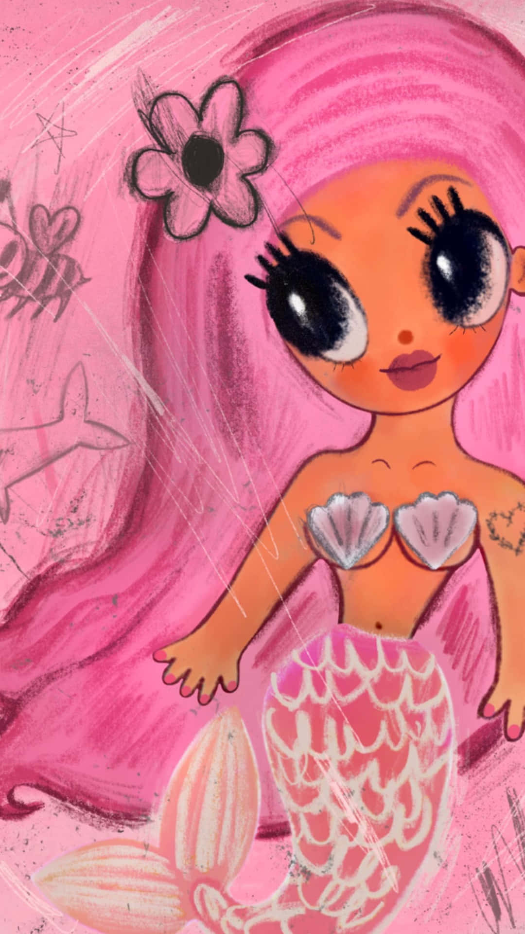 Pink Mermaid Cartoon Illustration Wallpaper