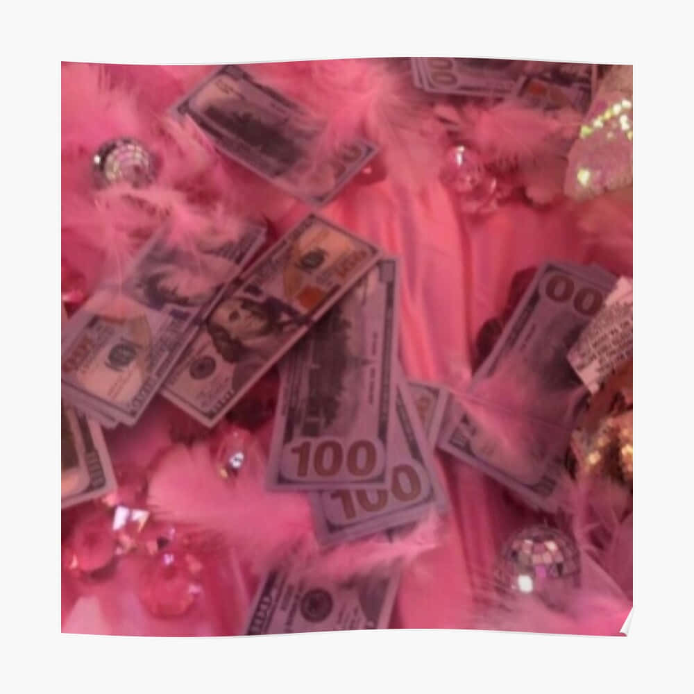 A Pink Blanket With Money And Feathers