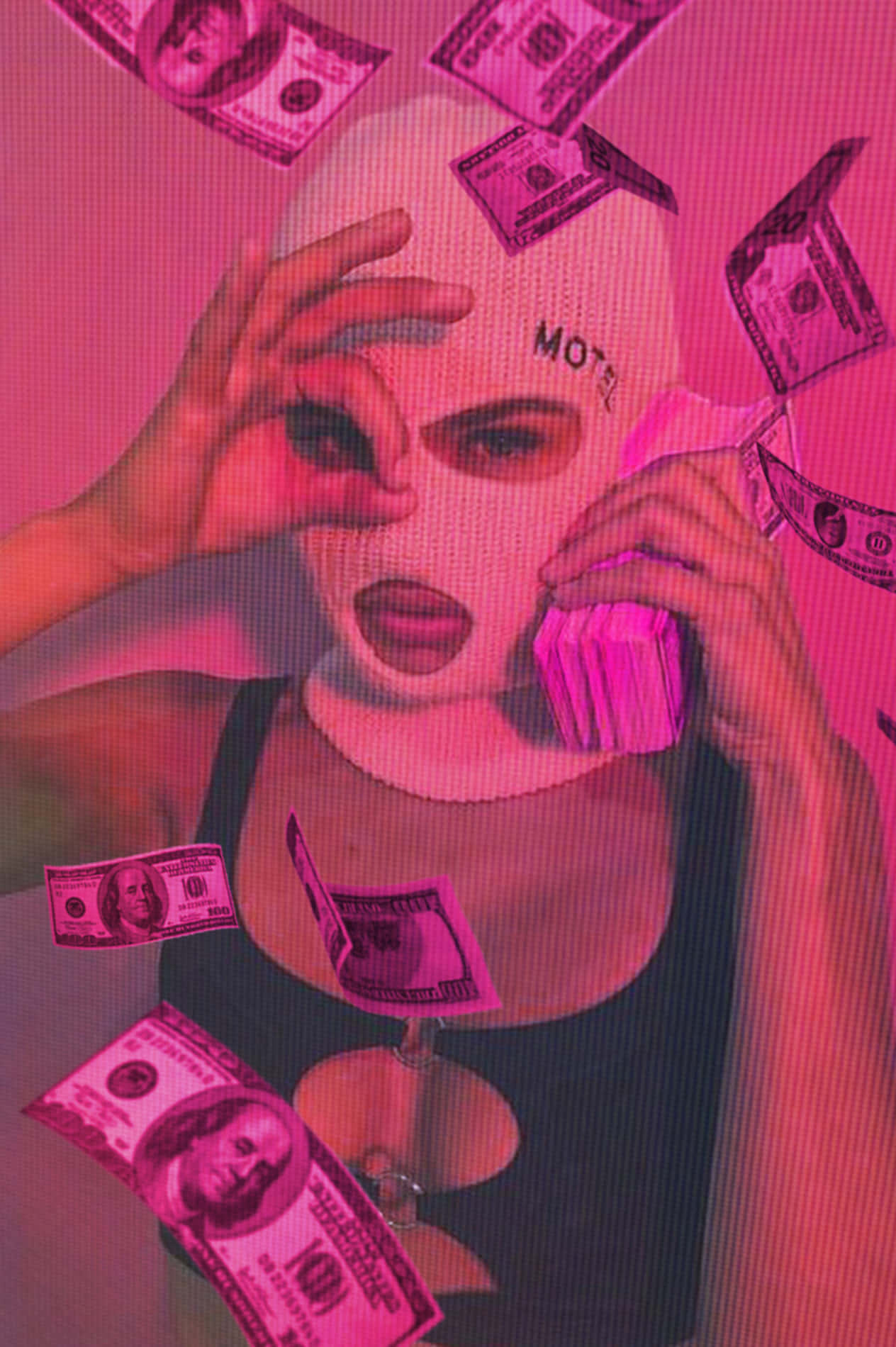A Woman In A Pink Mask With Money Flying Around Her