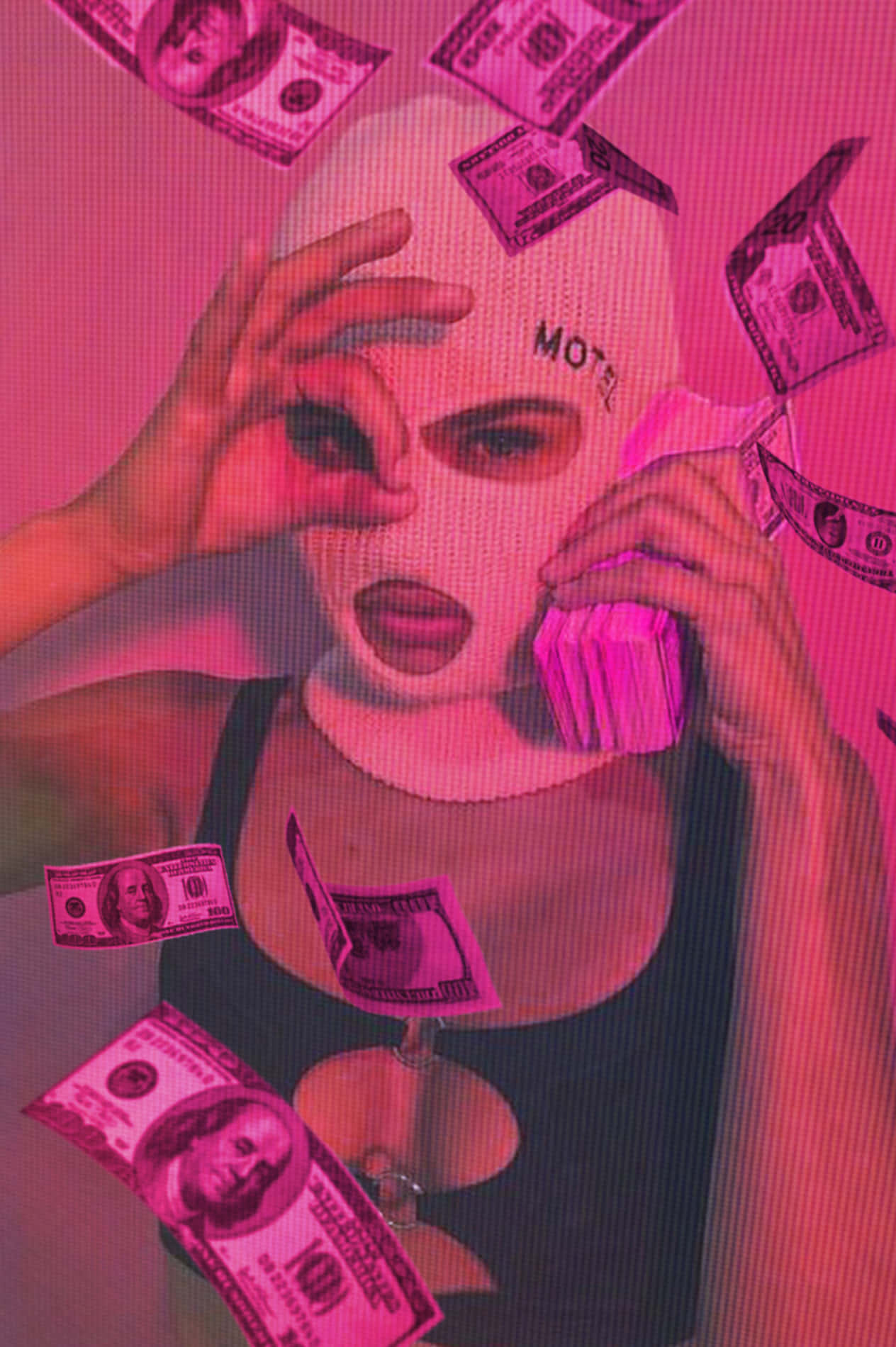 En kvinde i en lyserød maske med penge flyvende omkring hende Wallpaper